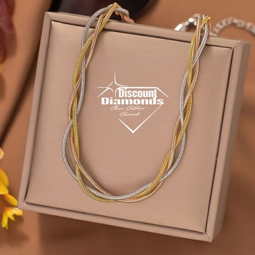 Three Strand Titanium Necklace on 18K Yellow, White, & Rose Gold